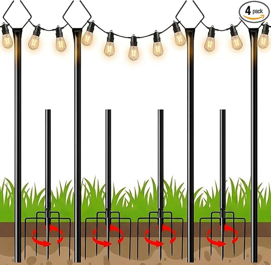 10FT Outdoor String Light Poles 4 Pack, Metal Light Stands with Fence Brackets for Hanging Lights, Patio, Pergola, Garden, Backyard, Yard & Camping Use