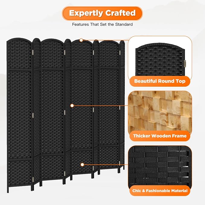 Room Divider 8 Panel Screen 5.6 Ft Tall Partition Room Dividers Black Privacy Screens Folding Room Separation Free Standing Waterproof Wood Frame Wall Divider