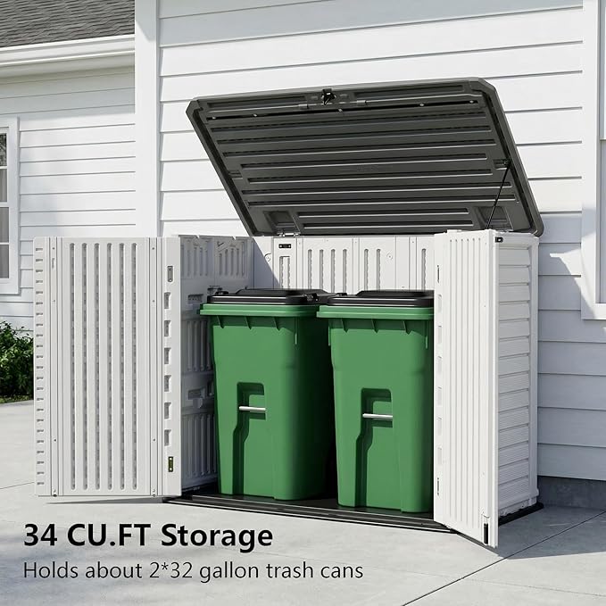 Horizontal Resin Outdoor Storage Shed, 34 Cu. Ft Weatherproof Storage Cabinet, Easy Assembly, Outdoor Storage Box for Backyards, Garden, Pool, No Shelf Included (White)