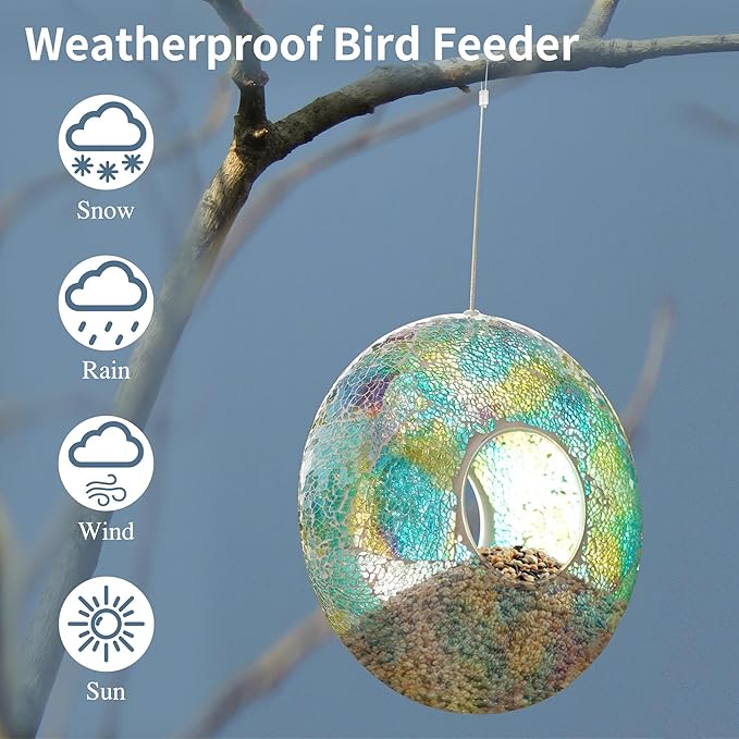 DUSVALLY 9" H Round Fly Through Bird Feeder Squirrel Proof for Garden Wild Seed, Crackled Glass Mosaic Outdoor Hanging Feeder for Bird Lovers, Blue & Yellow