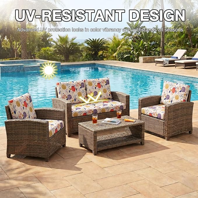 hyha 14Pcs Patio Cushion Covers, Stretch Outdoor Couch Cushion Covers, Washable Outdoor Chair/Sofa Slipcovers for Patio Furniture Cushions Protector with Elastic Bottom(Flower Vine,Cover Only)