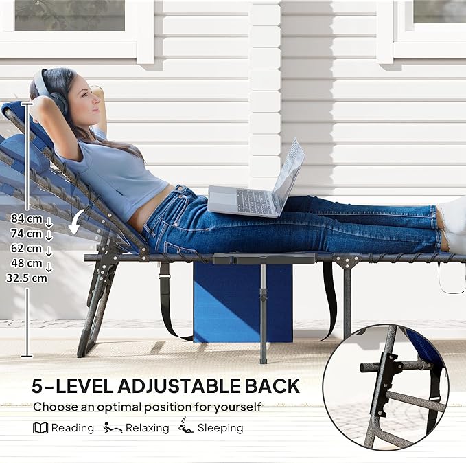Outsunny Folding Chaise Lounge Chair Outdoor Tanning Chair with Side Table, 5-Level Adjustable Beach Lounge Chair with Headrest, Side Pocket for Patio, Backyard, Beach, Poolside, Dark Blue