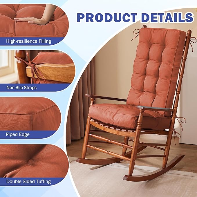 IPYNBAP Rocking Chair Cushion, Waterproof and Fade-Resistant Patio Chair Cushions, Tufted Chair Pads for Rocker Furniture, 18x18 Inch, Indoor/Outdoor Seat Cushions with Ties, Spice