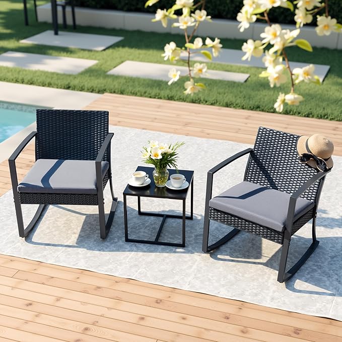 Devoko Resin Patio Furniture Set 3 Piece All Weather Outdoor Rocking Chairs with Cushions and Coffee Table for Bistro Balcony Porch (Gray)