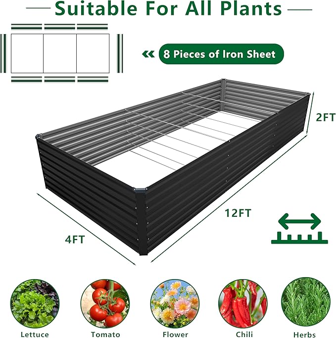 DIIYIV 12x4x2FT Galvanized Raised Garden Bed Kit,Vegetable Plant Boxes-Rectangle Metal Flower Box,Large Planter Raised Beds Outdoor Garden for Planting,Fruit,Herb-Black