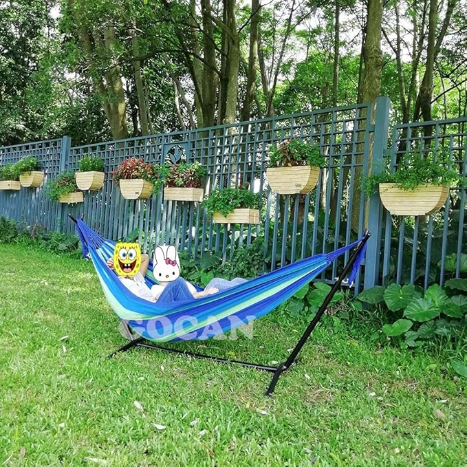 GOCAN Brazilian Double Hammock 2 Person Extra Large 220x160cm Total Length 330cm Load 500lb Canvas Cotton Hammock for Patio Porch Garden Backyard Lounging Outdoor and Indoor(Blue/Green) XXL