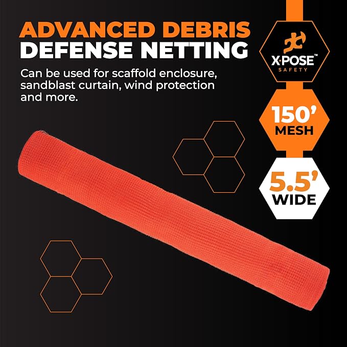 Xpose Safety Construction Safety Netting – 5.5' x 150', 1/4" Mesh Scaffold Safety Net, Temporary Material Roll, Visibility Fence, Heavy-Duty Fire Retardant, Orange