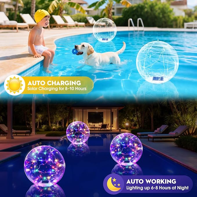 Askyli Floating Pool Lights, Colorful LED Solar Pool Lights that Float, IP68 Waterproof Light up Pool Balls, 15" Inflatable Floating Light for Pools Party Wedding Decor (2Piece)
