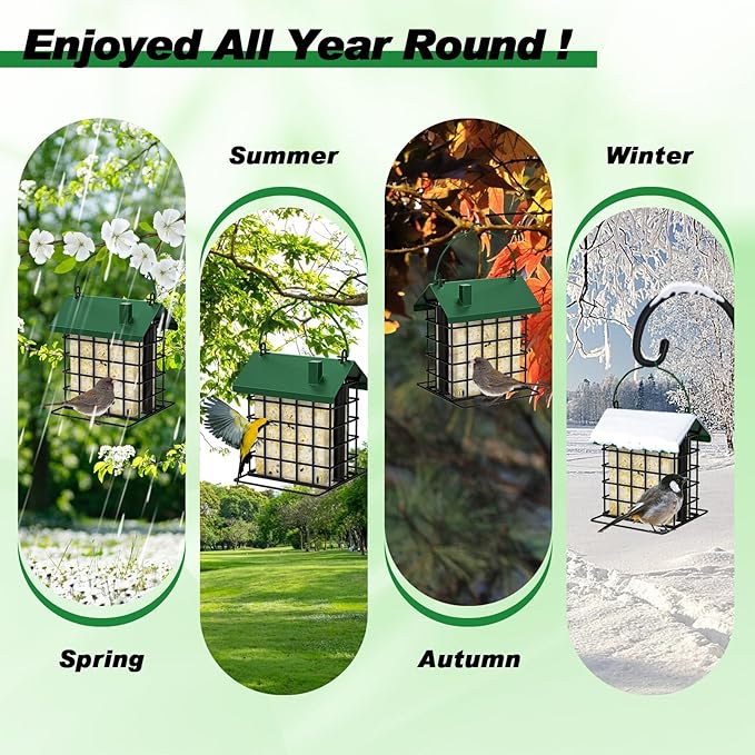 Gbekery All-Metal Double Suet Bird Feeder for Outdoors Hanging, Suet Cake Cage Holder with Weather-Resistant Roof & Perch for Outside Garden, Green
