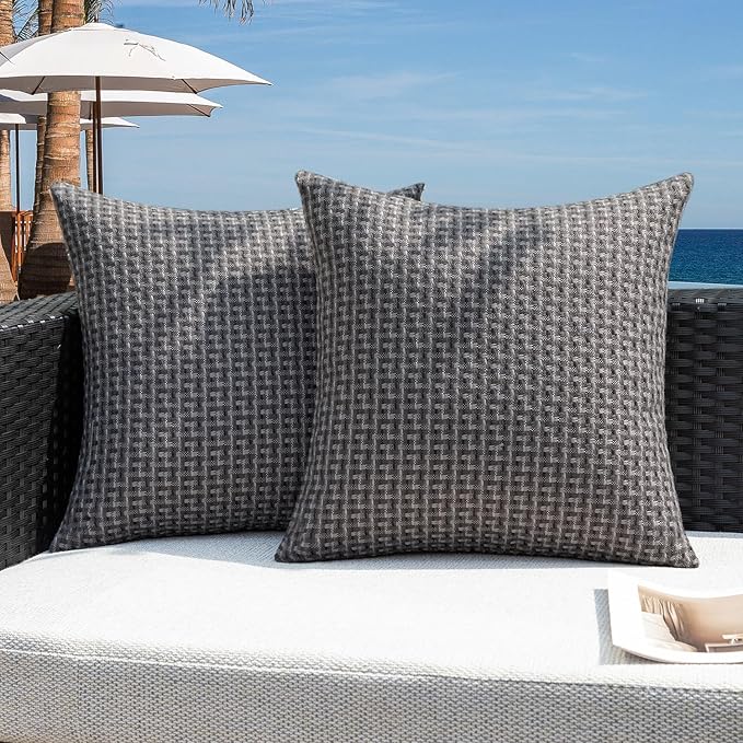 Kevin Textile Outdoor Waterproof Throw Pillow Covers Pack of 2 Farmhouse Decorative Cushion Covers for Garden Patio Tent Balcony Bench Couch Sofa 22x22 Inch, Dark Grey