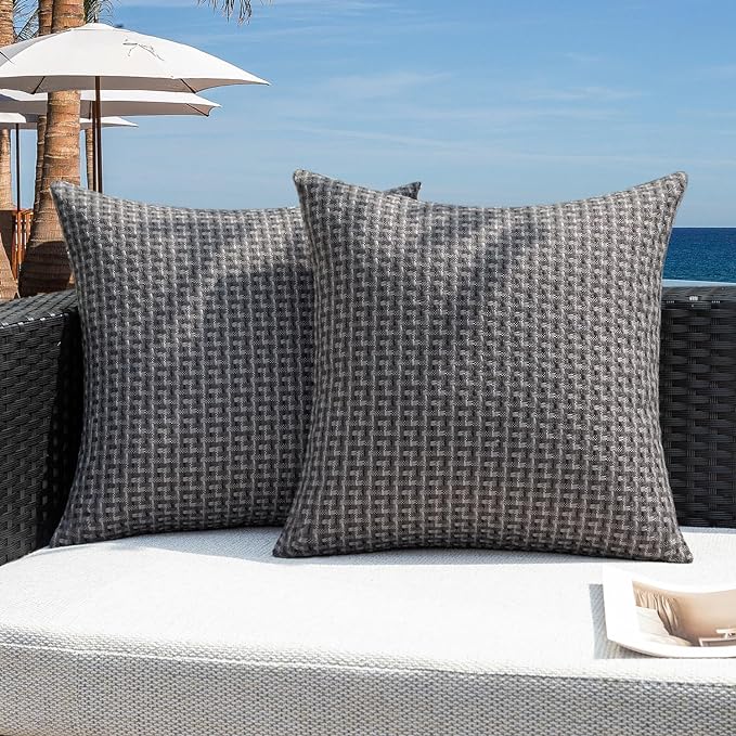Kevin Textile Outdoor Waterproof Throw Pillow Covers Pack of 2 Weaving Texture Water Resistant Outside Decorative Cushion Covers for Garden Patio Tent Balcony Bench Couch Sofa 18x18 Inch, Dark Grey