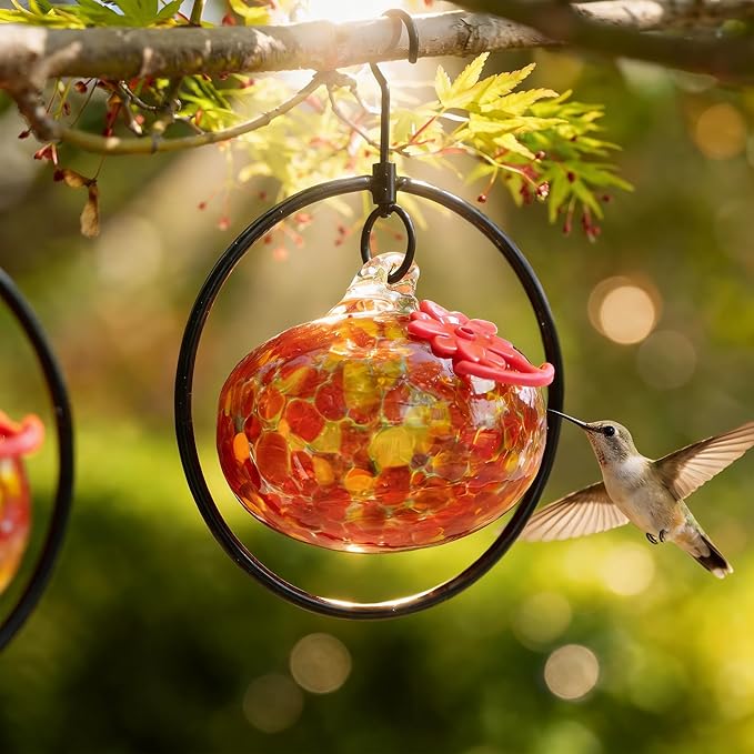 QFkris Set of 6 Blown Glass Hummingbird Feeder for Outdoors Hanging, Small Hummingbird Feeder with Flower Feeding Ports for Outside Garden Backyard Decor, Gardening Gifts for Women Mom(Orange)