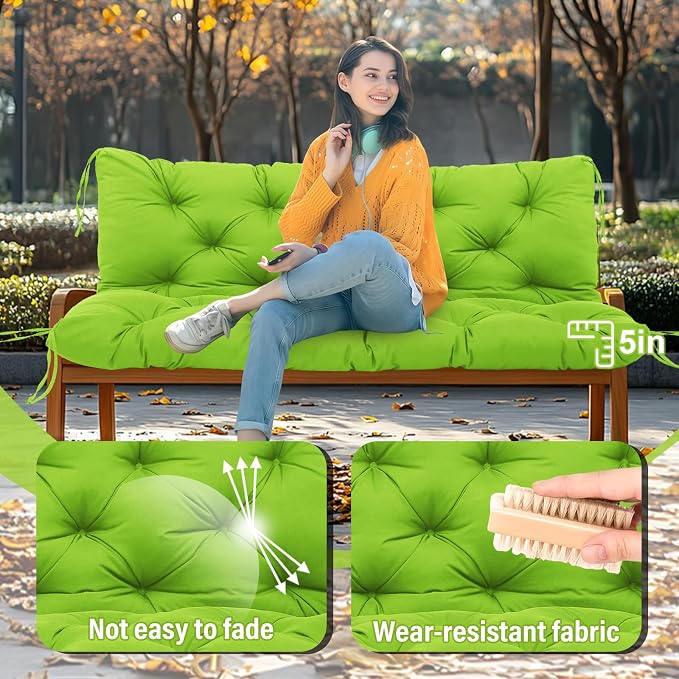 Extra Thick 5" Waterproof Porch Swing Cushions Outdoor 60 inch Swing Cushions 3 Seater Replacement with Backrest and Ties for Outdoor Furniture Patio Bench Garden (Green)