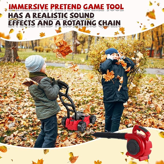 Arrowbash 4 Pcs Toy Gardening Tool Set for Kids Toy Leaf Blower Weed Trimmer Hedge Trimmer Push Lawn Mower Battery Play Set Christmas Birthday Party Gift for Boys Girls