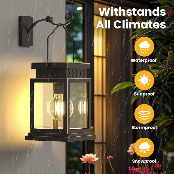 2 Pack Farmhouse Solar Lanterns ,Glass Solar Lights Bulb ,Outdoor Waterproof Upgraded Solar and 2 AA Batteries Powered, for Outside Porch, Patio and Indoor Tables, Mantelpiece.