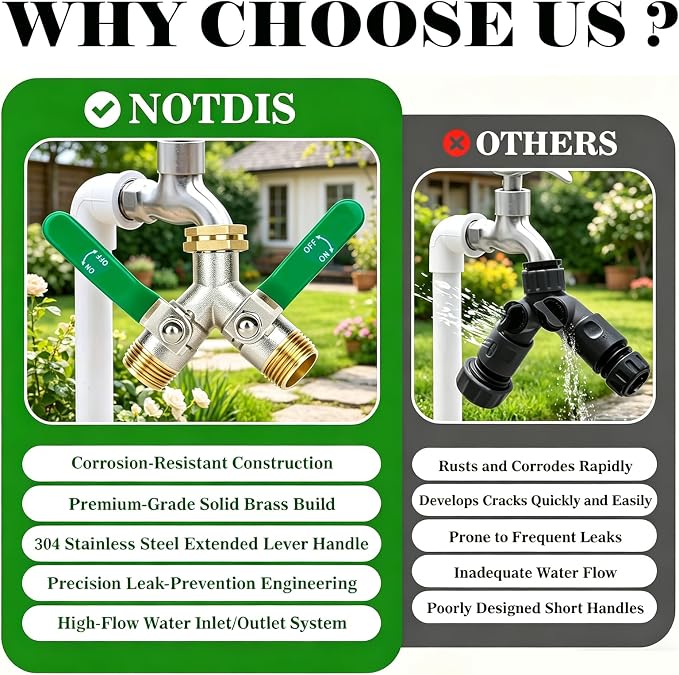Love Is War 2 Way Y Garden Hose Splitter, 3/4" GHT Thread Brass Hose Connector, High Flow Outdoor Faucet Splitter for RV Yard Garden Watering