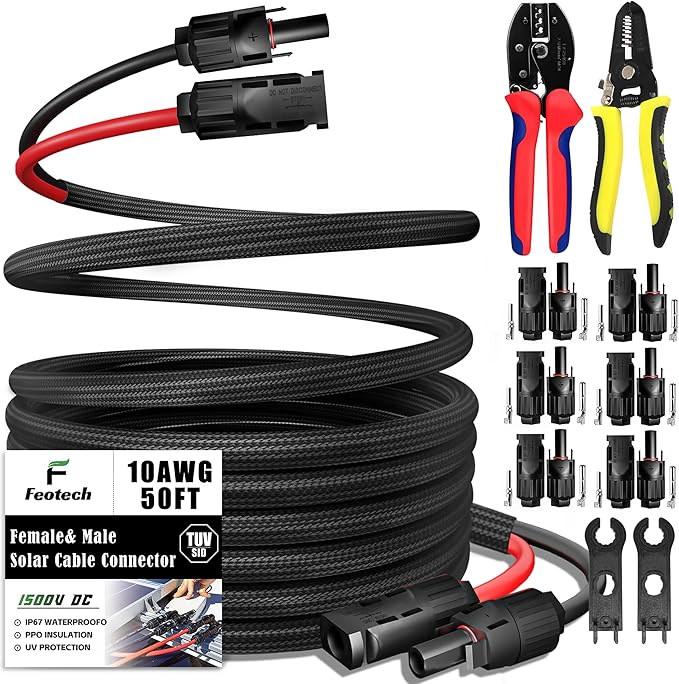 Twin Wire 50 Feet Solar Extension Cable 10AWG with -IP67- Female and Male Connector, Bonus Four Pairs of Free Connector Solar Panel Adapter kit Tools (6 Pairs connectors)