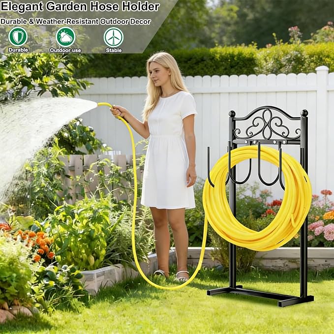 Upgraded Garden Hose Holder - Heavy Duty Freestanding Metal Hose Holder with 4 Stabilizing Spikes, Sturdy Hose Hanger up to 100ft Hose for Yard, Lawn & Outdoor Garden (Black)