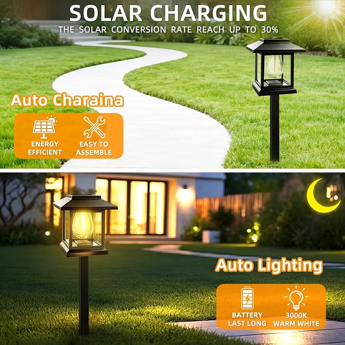 12-Pack Solar Pathway Lights - High-Efficiency Polycrystalline Panels for All-Night Glow - IP55 Waterproof Outdoor Landscape Lighting for Garden, Walkway & Driveway Security (Black)