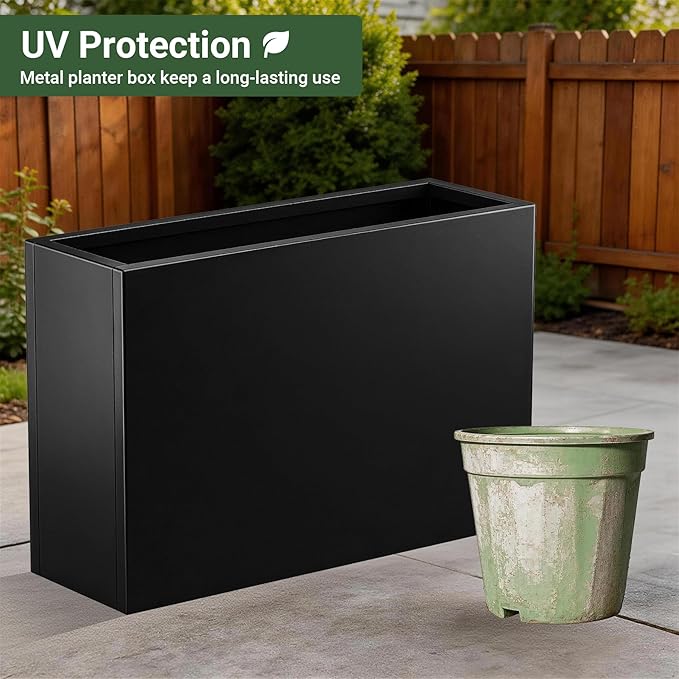 Metal Planter Box 36” x 12” x 24”, Heavy Duty Tall Rectangle Planter Box with with Drainage Holes & Rust-Proof Coating, Modern Outdoor/Indoor Black Planter Box for Porch, Garden, Patio, Yard