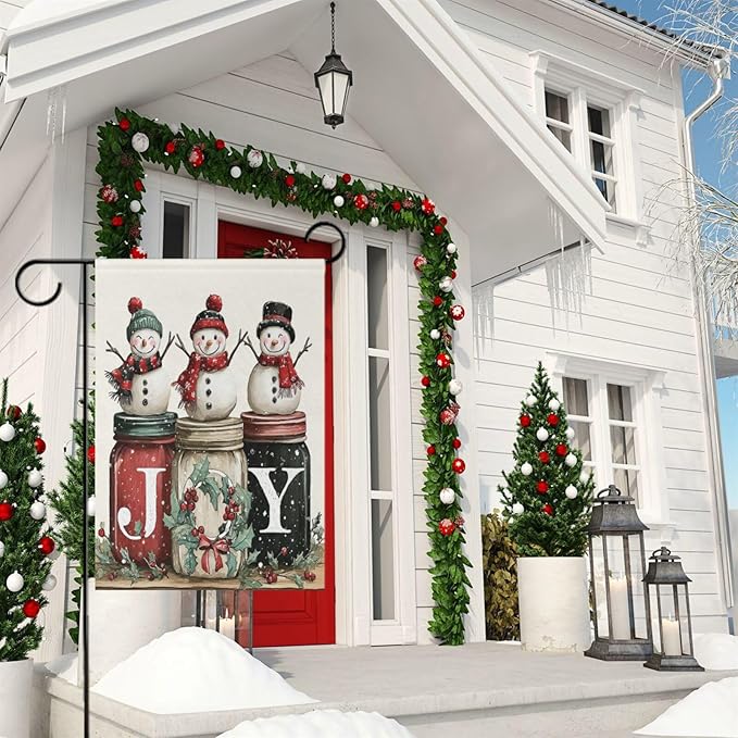 Pfrewn Christmas Winter House Flag 28x40 Double Sided Snowmen Joy Mason Jar Large Garden Yard Flags Welcome Seasonal Outdoor Indoor Banner for Xmas Holiday Yard Home Decoration