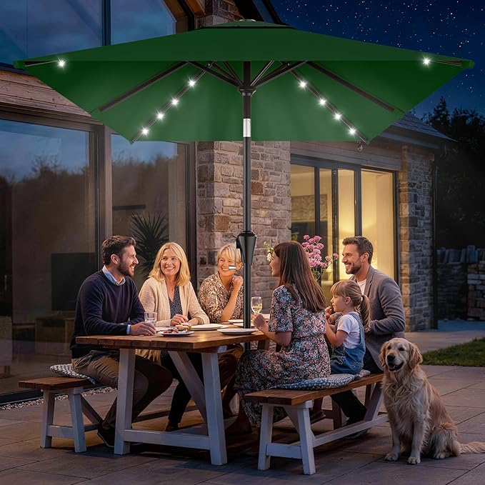 AreShark 6.5' x 10' Rectangular Patio Umbrella with Solar Lights, Solar Powered Lighted Market Umbrella w/Tilt and Crank, Outdoor Table Umbrella for Garden, Deck, Backyard, Pool, Dark Green