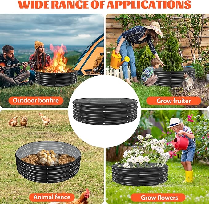 YSEJOMP 48 Inch Round Galvanized Fire Pit Ring/Fire Ring - Foldable and Perfect for Outdoor Gatherings and Campfires in the Yard/Garden/Park/Beach (Black+Gray, 4 FT Diameter+1 FT Tall)