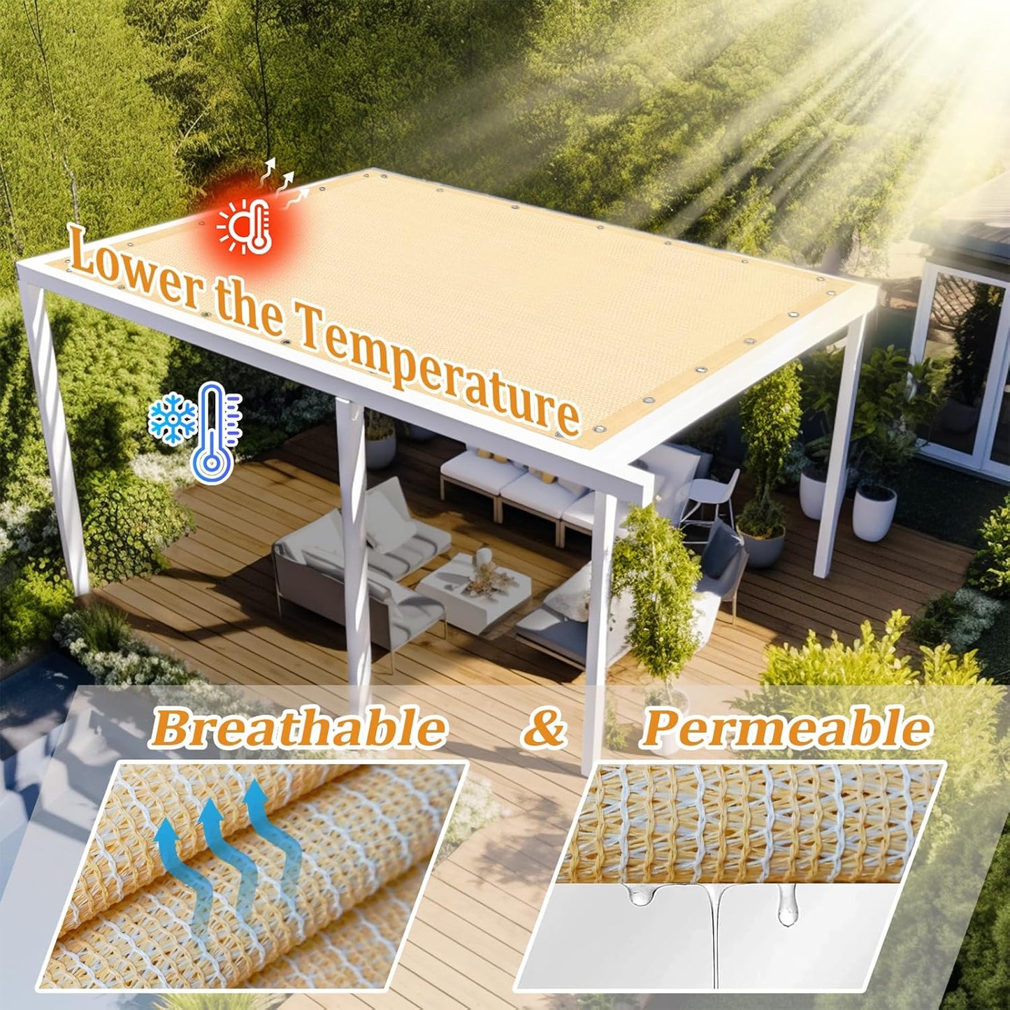 Shade&Beyond Customized Size 90% Sun Shade Cloth with Grommets, 6' X 20' Pergola Shade Cover Canopy, Mesh Tarp Sun Screens for Patio, Outdoor, Garden, Backyard GN01, Wheat