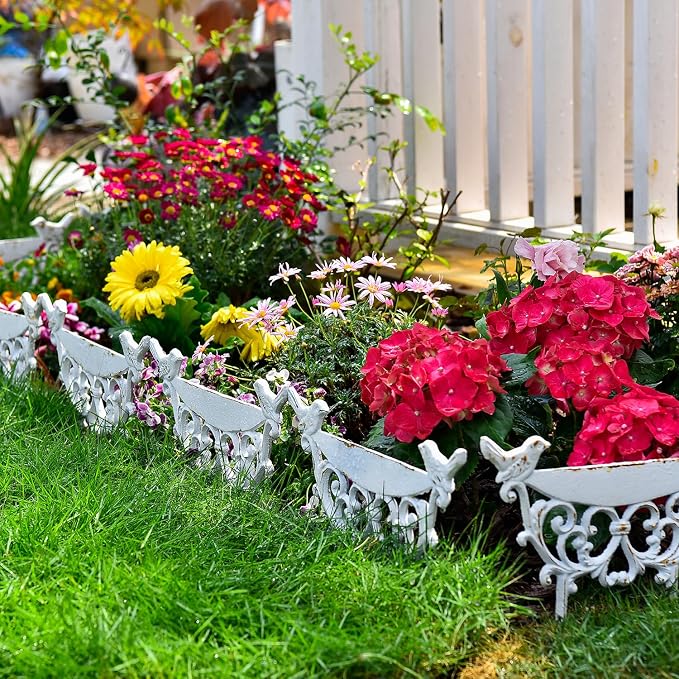 Sungmor Decorative Cast Iron Garden Edging Border, 4 Pack White Landscape Edging Low Picket Fence, 9.9inch Tall Outdoor Flower Bed Lawn Fence Panels, Vintage Metal Yard Decor Stakes