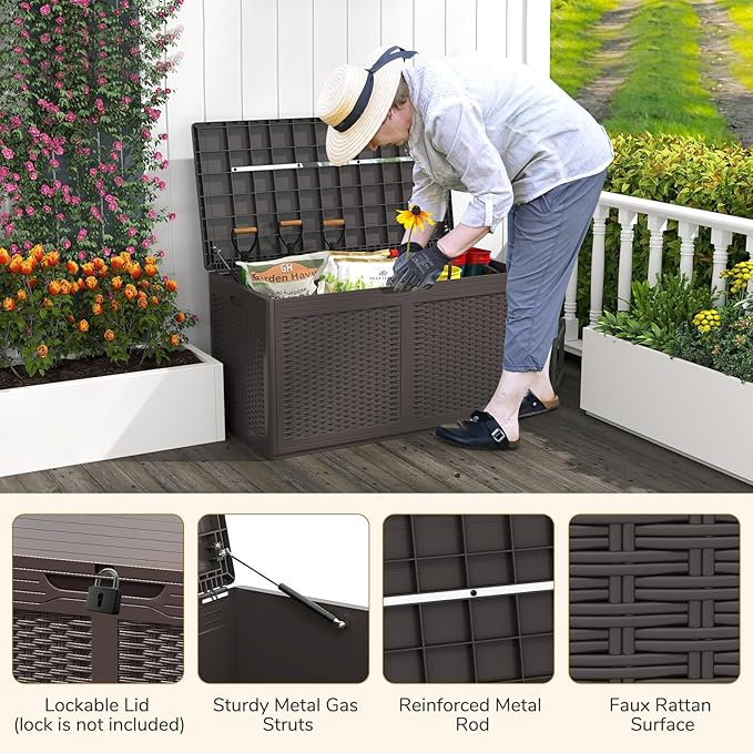 Moccha 100-Gallon Outdoor Storage Box - Waterproof Resin Deck Box with Lockable Lid & Wheels, Faux Rattan Outdoor Storage Bench for Pool Accessories, Garden Tool, Patio Furniture Cushion (Brown)