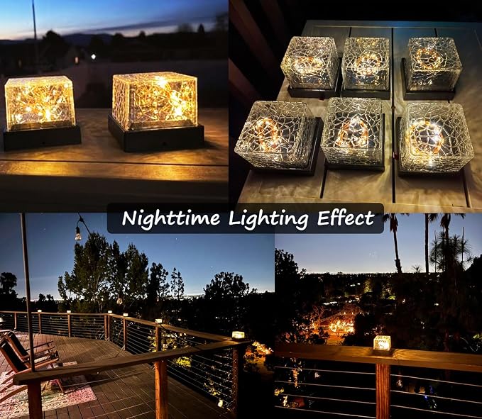 8Pack Crack Pattern Solar Post Cap Lights, DIY Firefly String Light Fence Post Solar Lights, 4x4 5x5 6x6 Vinyl/Wood Deck Post Caps, Built-in Solar Panel, Steady & Flickering Outdoor Patio Decor