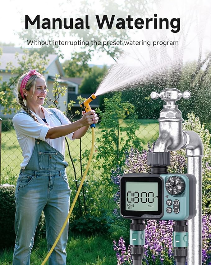 Sprinkler Timer 2 Zone & Digital Water Timer for Garden Hose, Yard, Lawn, Pool – Programmable Irrigation Controller with Rain Delay, IP55 Waterproof Auto & Manual Irrigation System