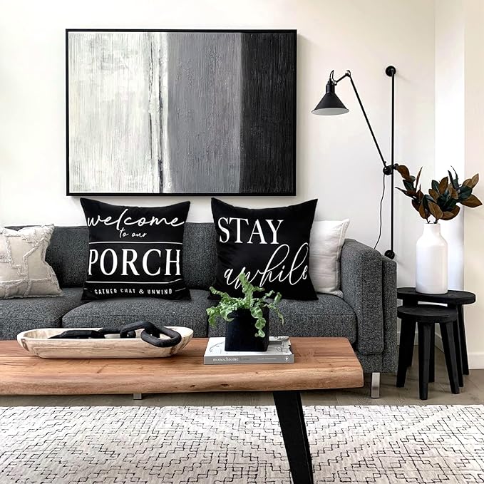 TAJWE Outdoor Pillow Covers Waterproof 20x20 Set of 2 Black and White Decorative Welcome to Our Porch Stay Awhile Cushion Cases for Patio Furniture Sofa Couch Decor