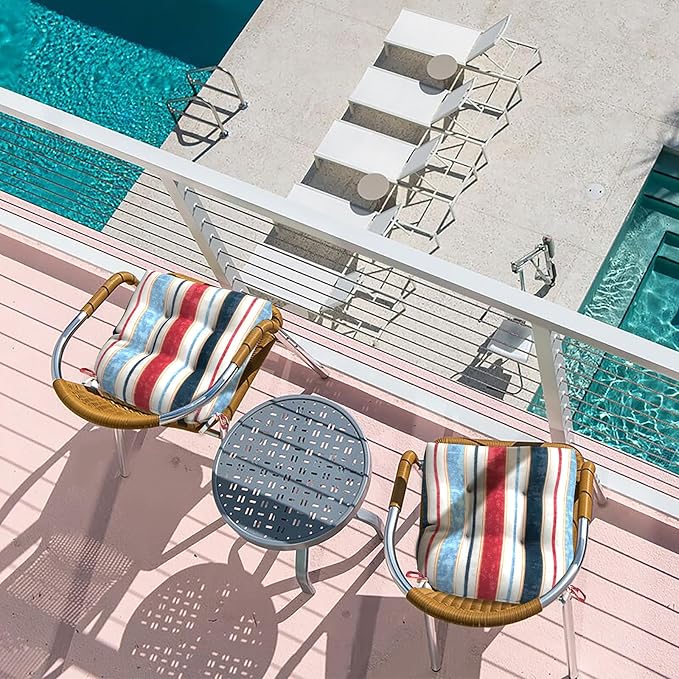 LVTXIII Outdoor/Indoor Tufted Seat Cushion, Decorative Wicker Chair Pads All Weather Seat Cushion Sets for Patio Garden Home Office Furniture, 19"x19"x4", Round Back, Pack of 2, Stripe Red Blue