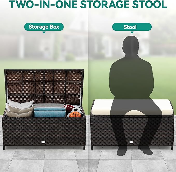 YITAHOME Outdoor Wicker Storage Bench Deck Box, Large PE Rattan Patio Storage Bench w/Covenient Handles and Soft Cushion for Patio, Yard, Lawn, Garden