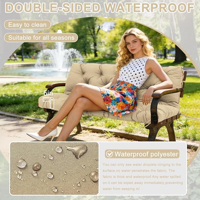 Porch Swing Cushions 48 inch Waterproof & Fade Resistant Thicken 5" Outdoor Swing Cushions 2 Seater Replacement with Backrest & Ties Patio Swing Cushions for Outdoor Furniture (Khaki)