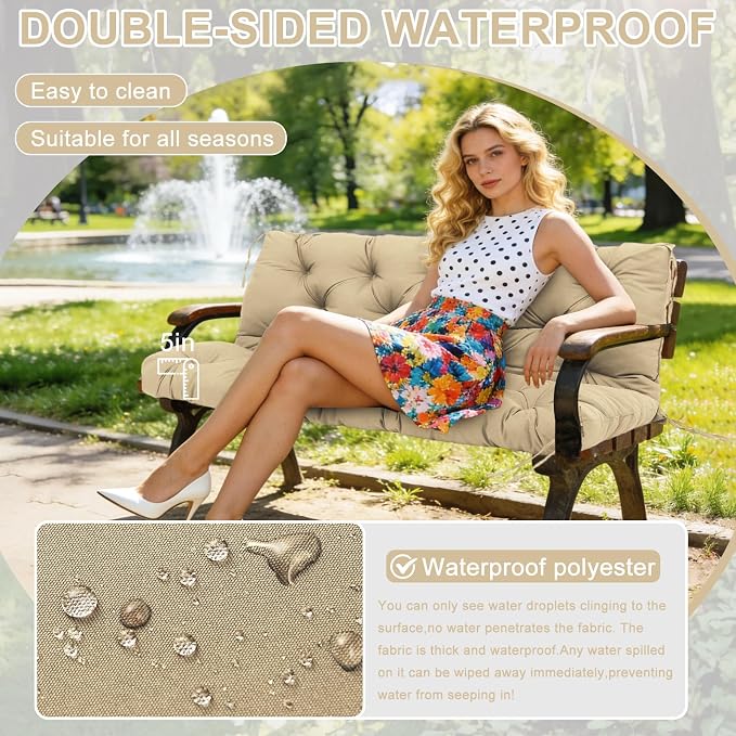Porch Swing Cushions 40 inch Waterproof & Fade Resistant Thicken 5" Outdoor Swing Cushions 2 Seater Replacement with Backrest & Ties Patio Swing Cushions for Outdoor Furniture (Khaki)