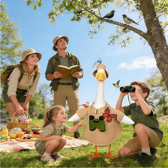 Spring Porch Goose Bird Watching Outfit Set – 5-Piece Costume & Accessories for 20-23" Standard Goose Statue, Whimsical Outdoor Lawn Decoration for Garden, Patio, Yard, Gift for Bird Lovers