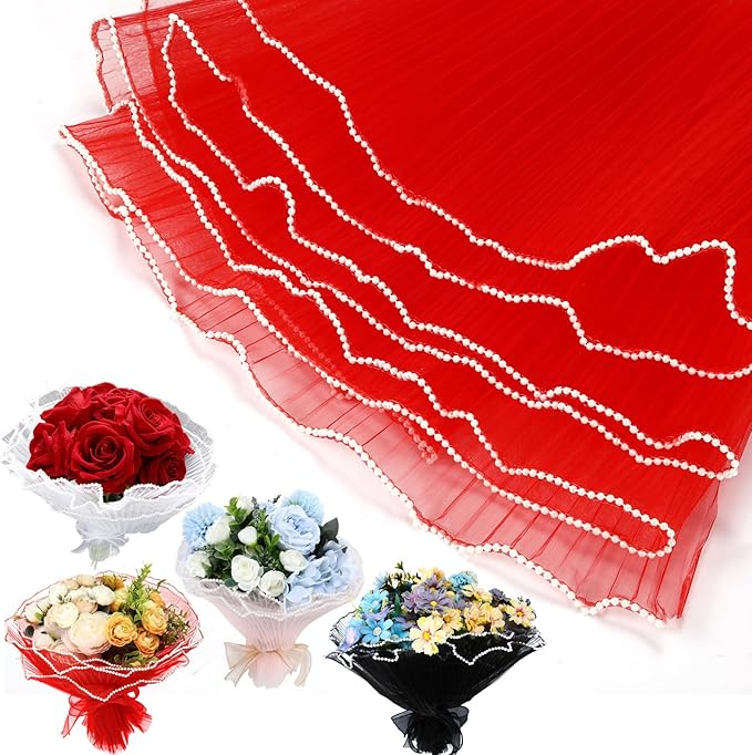 Gilprop 12 Pcs Mother's Day Flower Wrapping Mesh Paper Kit, 11 Inch x 4 Yard Wavy Pearl Edge Flower Bouquet Packaging Mesh Florist Supplies with 4 Ribbons and 24 3D Butterflies for Mother's Day