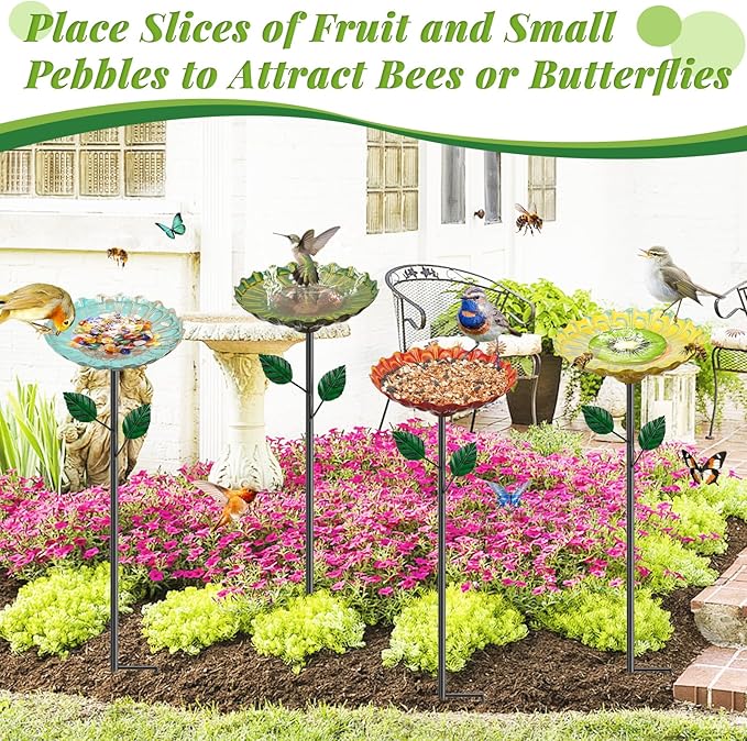2 Pack Bird Baths for Outdoors, Colorful Metal Bird Bath for Outside, Hummingbird Bath with Five Stakes, Outdoor Birdbath Decor for Garden Yard Lawn Backyard Patio (4PCS Sunflower)