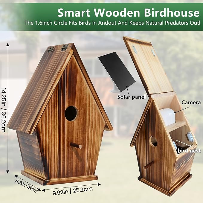Solar Powered Smart Birdhouse with Camera, 1080P Bird Box with Night Vision for Outside, Auto Capture Bird Video, Motion Detection & 2.4G WiFi App for Bird Activity Monitoring
