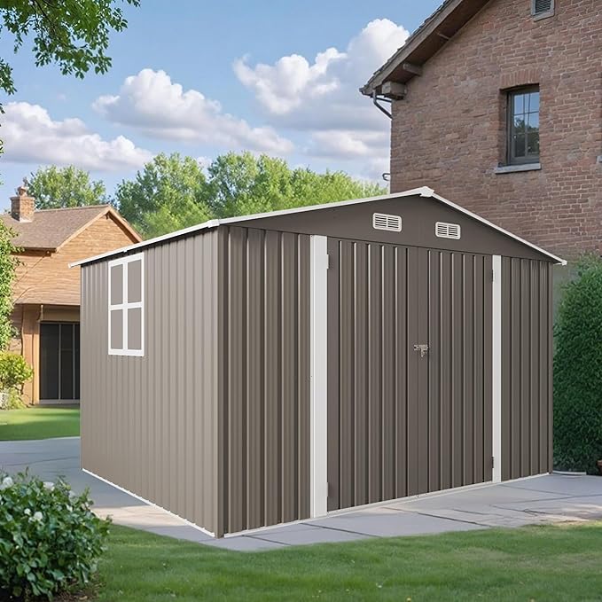 YOPTO 10x8 FT Outdoor Storage Shed,Metal Shed W/Window,Garden Storage Shed W/Lockable Door,All Weather Waterproof Tool House W/ 4 Air Vents & Sloped Roof,for Backyard,Patio,Lawn,Gray