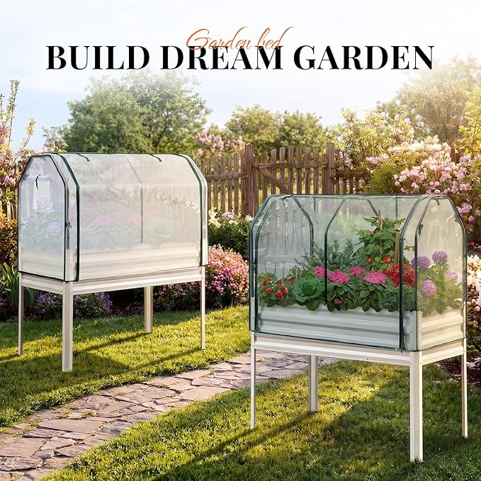 KING BIRD Raised Garden Bed with Cover & Netting Galvanized Elevated Large Planter Box with Legs for Backyard, Patio, Balcony, 400lb Capacity, Beige, 48×24×56 in