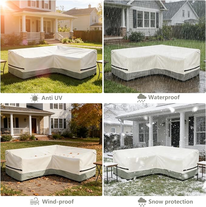 okcool Outdoor Sectional Cover,V-Shaped Patio Furniture Covers for 7-Seater Outdoor Sectional Furniture Couch（105''X105''）,White&Grayish Green
