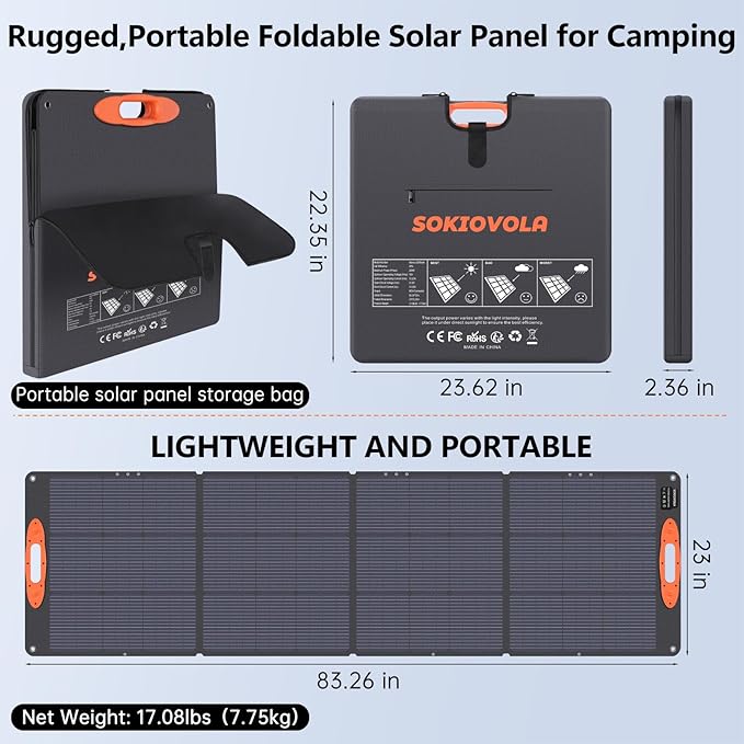 SOKIOVOLA N-Type 16BB 220W Portable Solar Panel for EF/Jackery/Bluetti/Anker Power Station, IP68 Waterproof Foldable Solar Panel ETFE 25% High Efficiency for Outdoor Camping RV Trip