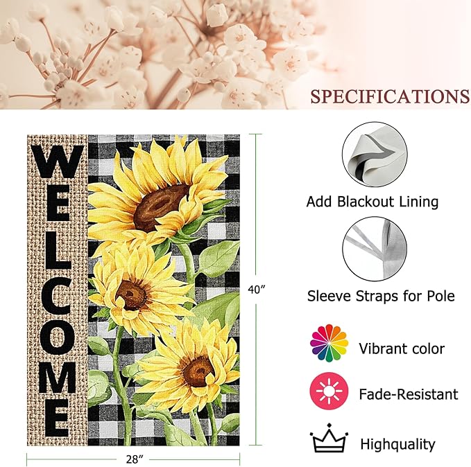 Summer Sunflower Garden Flag 28x40 inch Double Sided Welcome Large House Flag, Outdoor Yard Flag for Porch Farmhouse Summer Decor