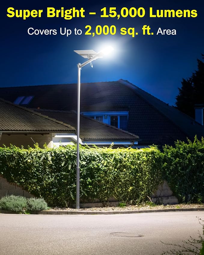 Engrepo Solar Street Lights Outdoor, 15-Hour Runtime IP65 Waterproof LED Flood Lights with Remote Control Dusk to Dawn Security Light for Wall, Parking Lot, Barn, 20000mAh