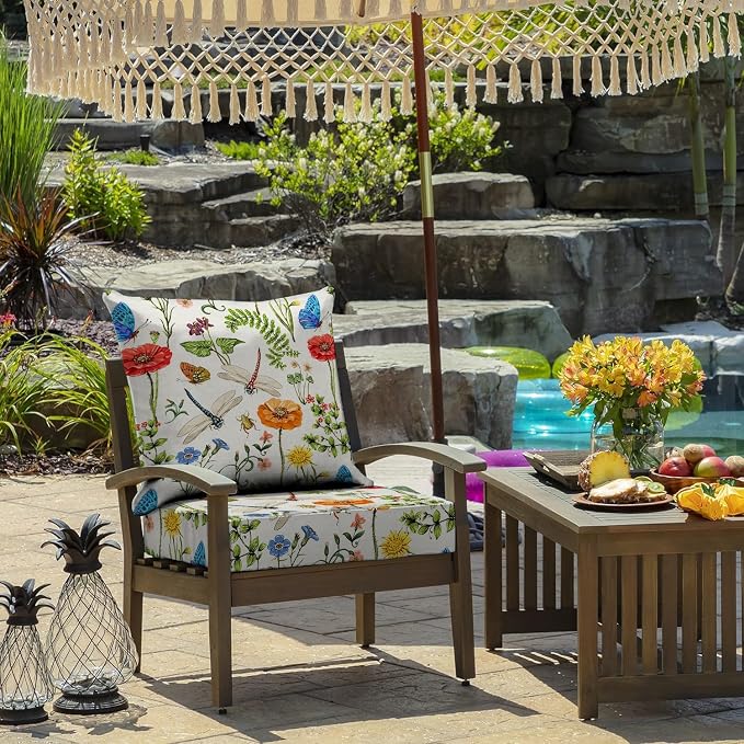 All Smiles Outdoor Chair Cushions for Patio Furniture Set of 19X19 Lawn Cushions Deep Seat UV Waterproof Resistant with Removable Cover Garden Flowers Farmhouse Decorative for Seat Yard Garden Deck