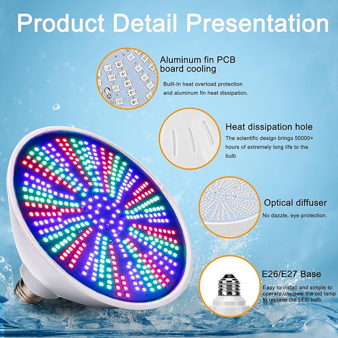 120V 50W LED Color Changing Pool Lights for Inground Pool, Swimming Pool Light Bulb with Remote, E26 Replacement Underwater Pool Lighting for Pentair and Hayward Light Fixtures