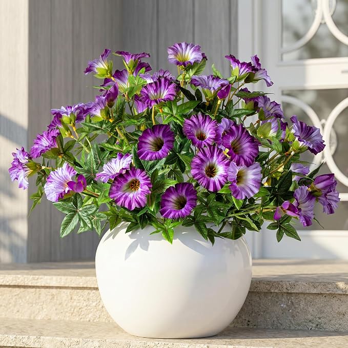 Dark Purple Artificial Morning Glory Flowers for Outdoor Planters, Premium UV Resistant Silk Faux Flowers for Porch, Hanging Basket & Window Box, Elegant Garden Decor, No Pot, 13.3 Inch, 4 Bundles